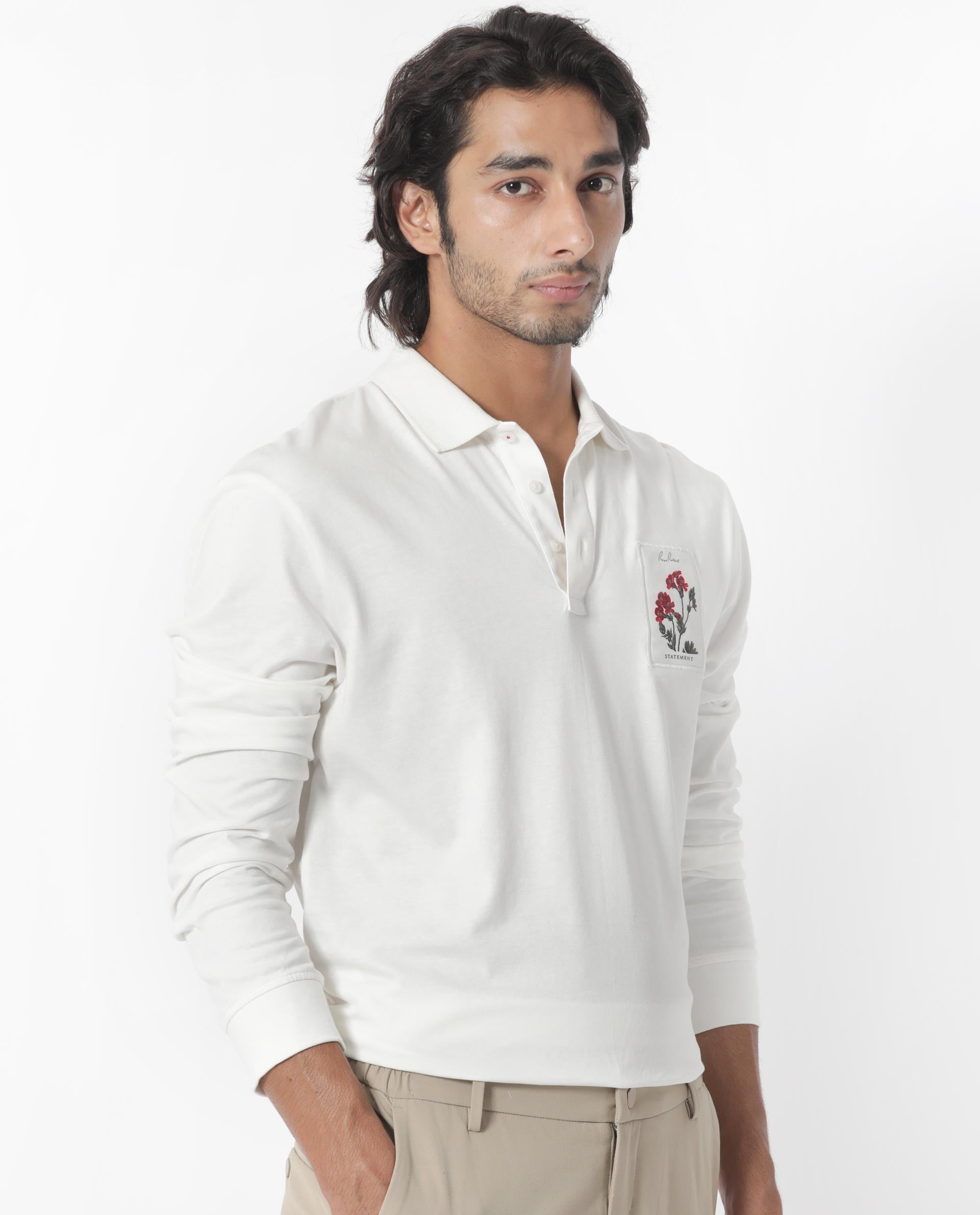 Rare Rabbit Men's Raz Off White Collared Neck Statement Chest Label Full Sleeve Polo T-Shirt