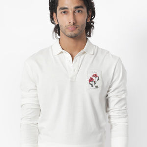 Rare Rabbit Men's Raz Off White Collared Neck Statement Chest Label Full Sleeve Polo T-Shirt