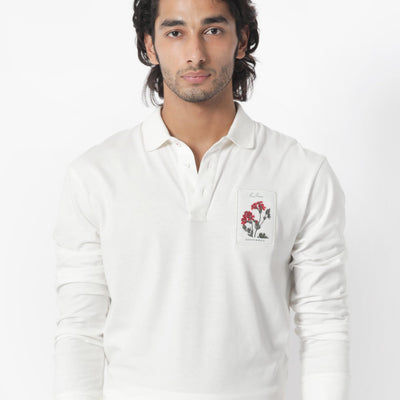 Rare Rabbit Men's Raz Off White Collared Neck Statement Chest Label Full Sleeve Polo T-Shirt