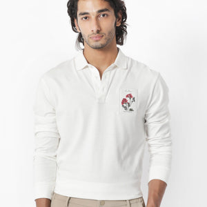 Rare Rabbit Men's Raz Off White Collared Neck Statement Chest Label Full Sleeve Polo T-Shirt