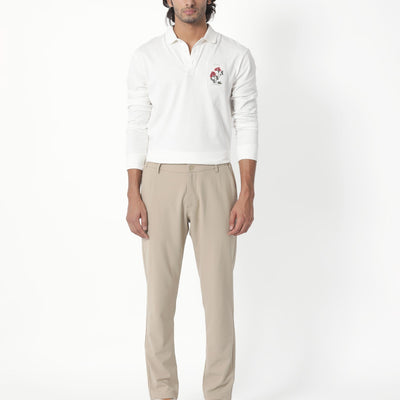Rare Rabbit Men's Raz Off White Collared Neck Statement Chest Label Full Sleeve Polo T-Shirt