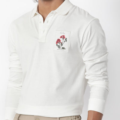 Rare Rabbit Men's Raz Off White Collared Neck Statement Chest Label Full Sleeve Polo T-Shirt