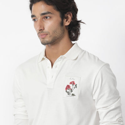 Rare Rabbit Men's Raz Off White Collared Neck Statement Chest Label Full Sleeve Polo T-Shirt