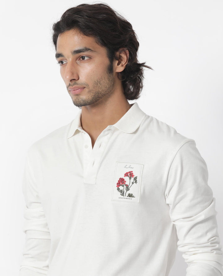 Rare Rabbit Men's Raz Off White Collared Neck Statement Chest Label Full Sleeve Polo T-Shirt