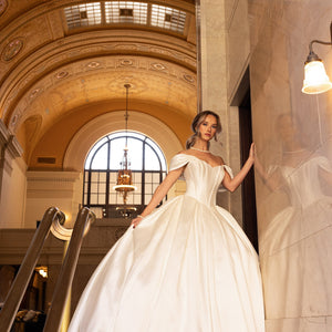 Mikado Off Shoulder Bridal Gown by Rachel Allan RB6162