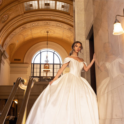 Mikado Off Shoulder Bridal Gown by Rachel Allan RB6162