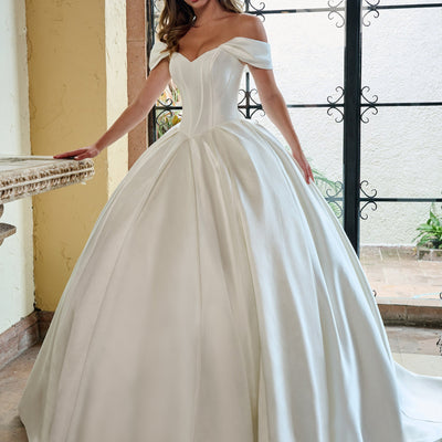 Mikado Off Shoulder Bridal Gown by Rachel Allan RB6162