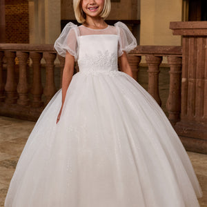 Girls Applique Puff Sleeve Gown by Rachel Allan RB9166