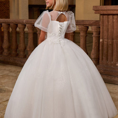 Girls Applique Puff Sleeve Gown by Rachel Allan RB9166