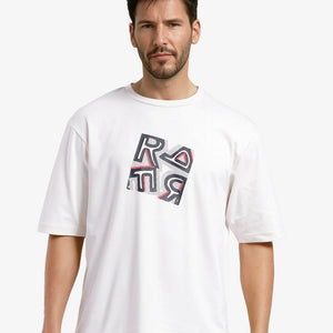 Rare Rabbit Men Reat Off White Cotton Polyester Fabric Short Sleeve Crew Neck Boxy Fit Printed T-Shirt
