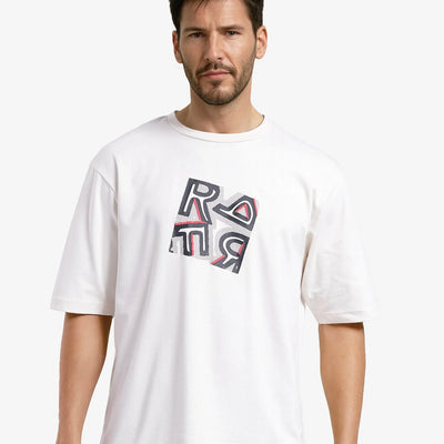 Rare Rabbit Men Reat Off White Cotton Polyester Fabric Short Sleeve Crew Neck Boxy Fit Printed T-Shirt
