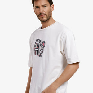 Rare Rabbit Men Reat Off White Cotton Polyester Fabric Short Sleeve Crew Neck Boxy Fit Printed T-Shirt