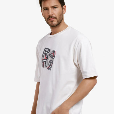 Rare Rabbit Men Reat Off White Cotton Polyester Fabric Short Sleeve Crew Neck Boxy Fit Printed T-Shirt