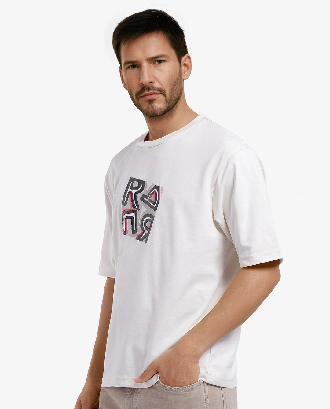 Rare Rabbit Men Reat Off White Cotton Polyester Fabric Short Sleeve Crew Neck Boxy Fit Printed T-Shirt