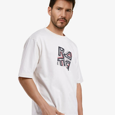 Rare Rabbit Men Reat Off White Cotton Polyester Fabric Short Sleeve Crew Neck Boxy Fit Printed T-Shirt