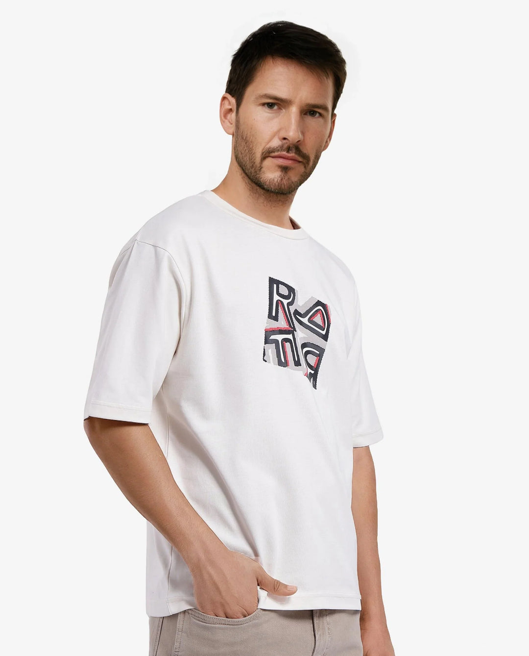 Rare Rabbit Men Reat Off White Cotton Polyester Fabric Short Sleeve Crew Neck Boxy Fit Printed T-Shirt