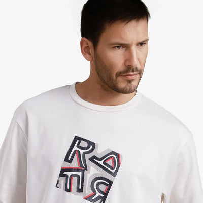 Rare Rabbit Men Reat Off White Cotton Polyester Fabric Short Sleeve Crew Neck Boxy Fit Printed T-Shirt