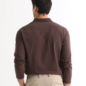 Rare Rabbit Men's Reborn-1 Brown Cotton Fabric Johnny Collar Full Sleeve Polo T-Shirt