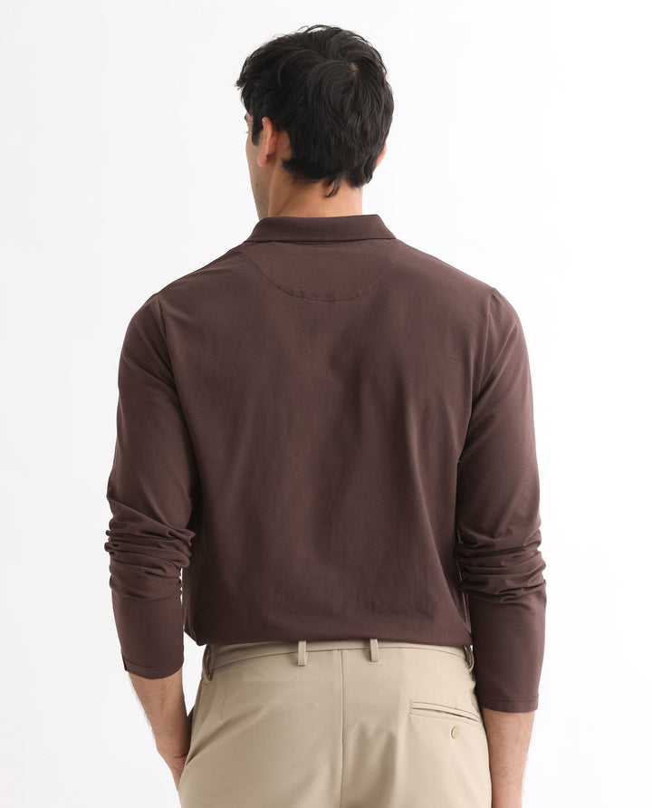 Rare Rabbit Men's Reborn-1 Brown Cotton Fabric Johnny Collar Full Sleeve Polo T-Shirt