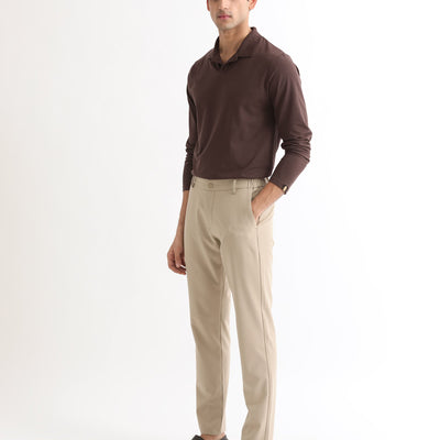 Rare Rabbit Men's Reborn-1 Brown Cotton Fabric Johnny Collar Full Sleeve Polo T-Shirt