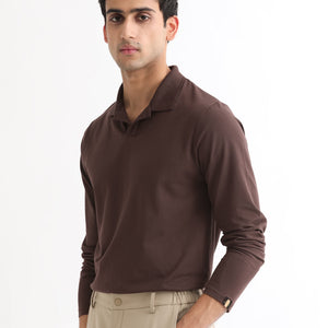 Rare Rabbit Men's Reborn-1 Brown Cotton Fabric Johnny Collar Full Sleeve Polo T-Shirt