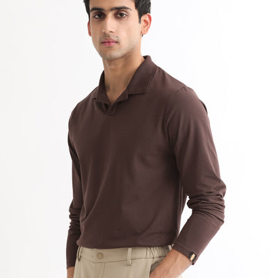 Rare Rabbit Men's Reborn-1 Brown Cotton Fabric Johnny Collar Full Sleeve Polo T-Shirt
