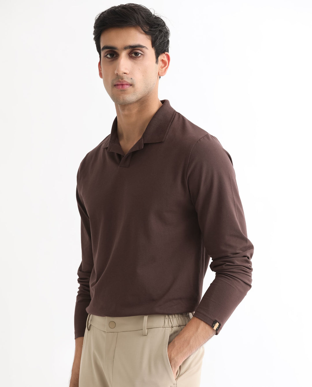 Rare Rabbit Men's Reborn-1 Brown Cotton Fabric Johnny Collar Full Sleeve Polo T-Shirt