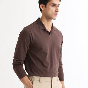 Rare Rabbit Men's Reborn-1 Brown Cotton Fabric Johnny Collar Full Sleeve Polo T-Shirt