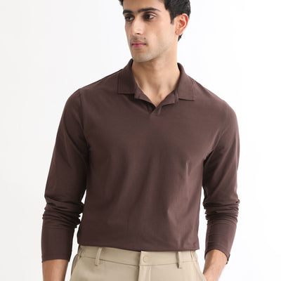 Rare Rabbit Men's Reborn-1 Brown Cotton Fabric Johnny Collar Full Sleeve Polo T-Shirt