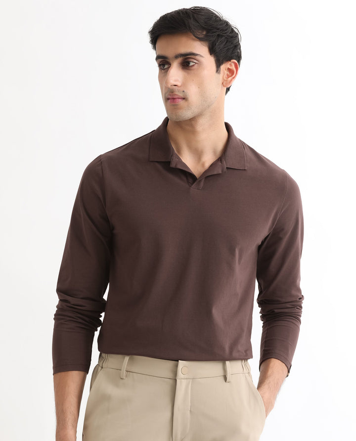 Rare Rabbit Men's Reborn-1 Brown Cotton Fabric Johnny Collar Full Sleeve Polo T-Shirt