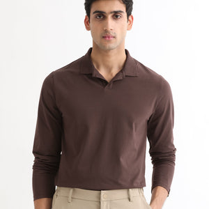 Rare Rabbit Men's Reborn-1 Brown Cotton Fabric Johnny Collar Full Sleeve Polo T-Shirt