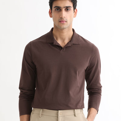 Rare Rabbit Men's Reborn-1 Brown Cotton Fabric Johnny Collar Full Sleeve Polo T-Shirt
