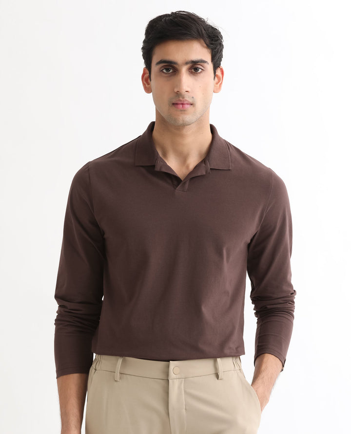 Rare Rabbit Men's Reborn-1 Brown Cotton Fabric Johnny Collar Full Sleeve Polo T-Shirt