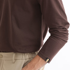 Rare Rabbit Men's Reborn-1 Brown Cotton Fabric Johnny Collar Full Sleeve Polo T-Shirt