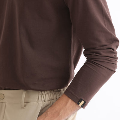 Rare Rabbit Men's Reborn-1 Brown Cotton Fabric Johnny Collar Full Sleeve Polo T-Shirt