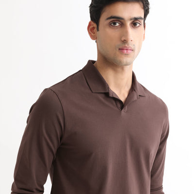 Rare Rabbit Men's Reborn-1 Brown Cotton Fabric Johnny Collar Full Sleeve Polo T-Shirt