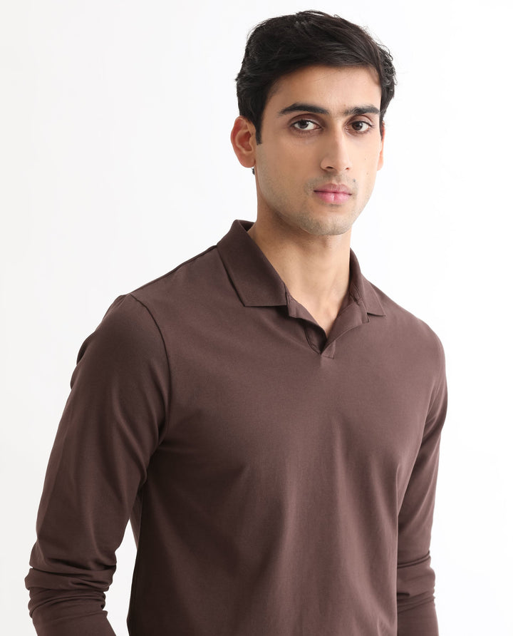 Rare Rabbit Men's Reborn-1 Brown Cotton Fabric Johnny Collar Full Sleeve Polo T-Shirt