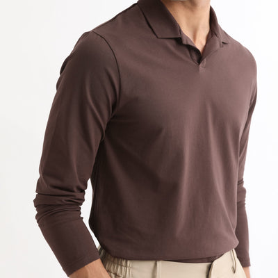 Rare Rabbit Men's Reborn-1 Brown Cotton Fabric Johnny Collar Full Sleeve Polo T-Shirt