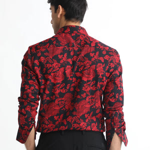 Rare Rabbit Men's Reet Red Cotton Modal Fabric Floral Print Full Sleeves Shirt