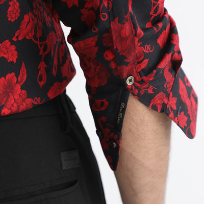 Rare Rabbit Men's Reet Red Cotton Modal Fabric Floral Print Full Sleeves Shirt