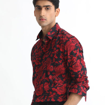 Rare Rabbit Men's Reet Red Cotton Modal Fabric Floral Print Full Sleeves Shirt