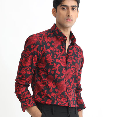 Rare Rabbit Men's Reet Red Cotton Modal Fabric Floral Print Full Sleeves Shirt