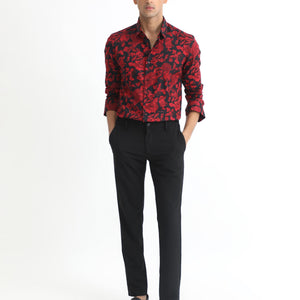 Rare Rabbit Men's Reet Red Cotton Modal Fabric Floral Print Full Sleeves Shirt