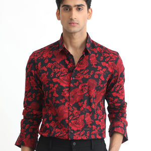 Rare Rabbit Men's Reet Red Cotton Modal Fabric Floral Print Full Sleeves Shirt