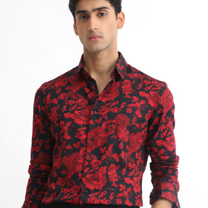 Rare Rabbit Men's Reet Red Cotton Modal Fabric Floral Print Full Sleeves Shirt
