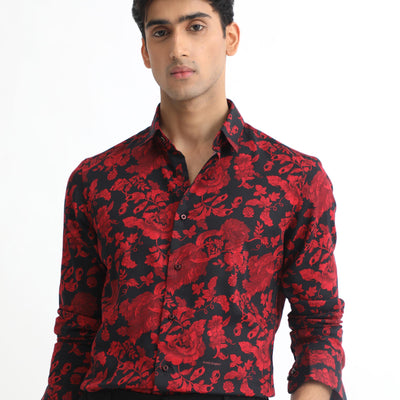 Rare Rabbit Men's Reet Red Cotton Modal Fabric Floral Print Full Sleeves Shirt