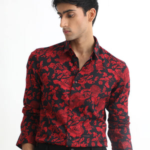 Rare Rabbit Men's Reet Red Cotton Modal Fabric Floral Print Full Sleeves Shirt