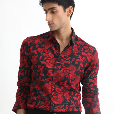 Rare Rabbit Men's Reet Red Cotton Modal Fabric Floral Print Full Sleeves Shirt