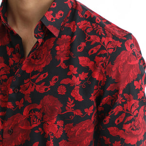 Rare Rabbit Men's Reet Red Cotton Modal Fabric Floral Print Full Sleeves Shirt