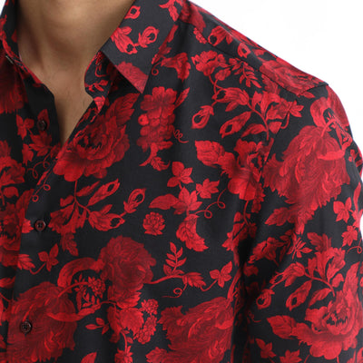Rare Rabbit Men's Reet Red Cotton Modal Fabric Floral Print Full Sleeves Shirt